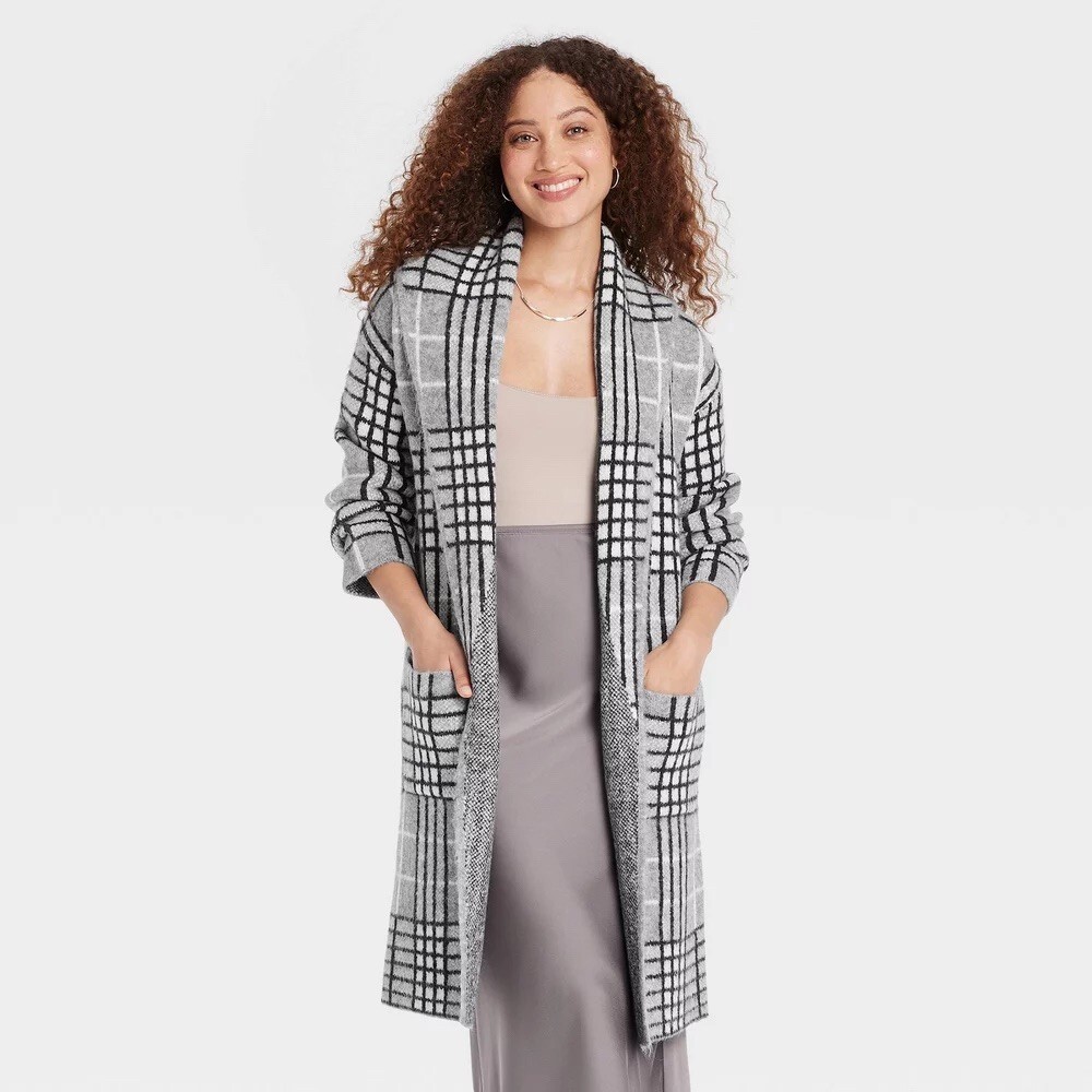 A New Day Cardigan Sweater Coat Womens XS Gray Black Plaid Open Front